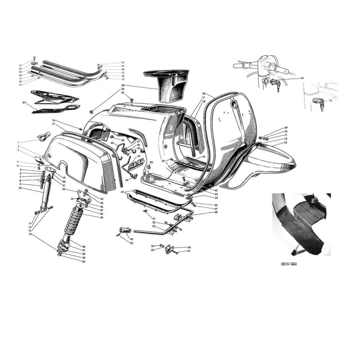 Carrozzeria, Guarnizioni, Plastiche,  Poggiapiedi, Sospensione e Cavalletto (Tav.8)